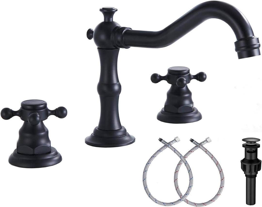 GGStudy Black Bathroom Faucet 2 Handles 3 Holes Faucet 8 inch Widespread Bathroom Sink Faucet Tap Mixer Supply Hose Included Matching Metal Pop Up Drain