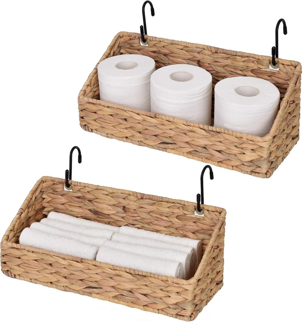 StorageWorks Woven Wall Baskets for Storage, Water Hyacinth Baskets for Shelf, Wall Storage for Kitchen and Bathroom, Hanging Baskets for Organizing, 2 Pack