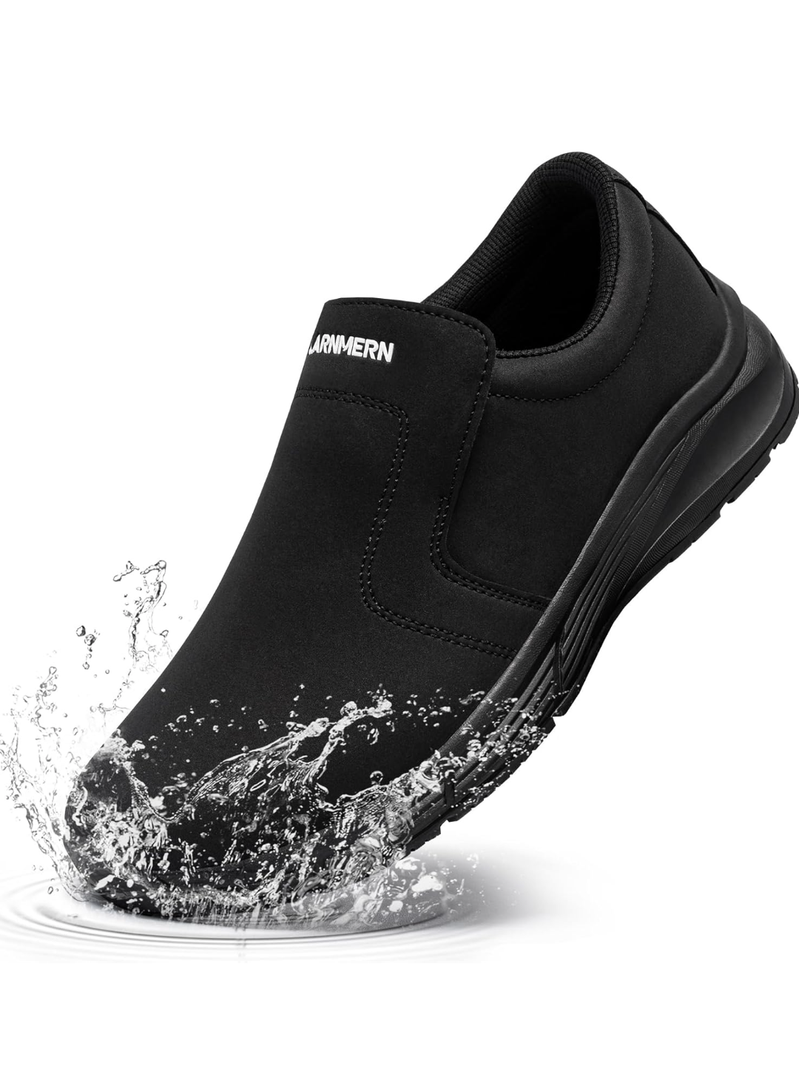 LARN SAFETY Mens Non Slip Shoes Food Service Work Shoe Waterproof Slip Resistant Kitchen Chef Footwear Restaurant Hospital Slip-On Black 36