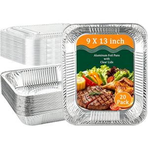 20 Pack 9X13 Inch Aluminum Foil Pans with Clear Lids Half Size Deep Extra Heavy Duty Disposable Aluminum Pans for Baking, Cooking, Roasting, Heating, Meal Prep or Food Storage