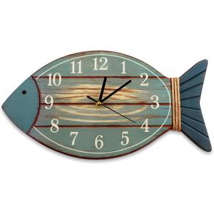 Silent Wooden Fish Shape Wall Clock Coastal Beach Lake House Decor Non-Ticking Rustic Ocean Style Timepiece for Living Room Bedroom Kitchen, Battery Operated