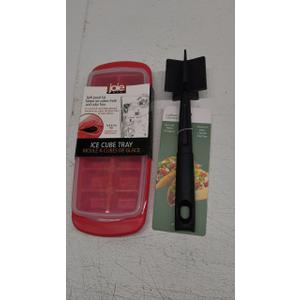 Joie Standard Ice Cube Tray, Covered and Stackable, No-Spill Removable Lid, Pop Open Door for Easy Refills, Keeps Ice Fresh, Freezer Durable, Dishwasher Safe, Colors May Vary And Nylon Meat & Potato Masher, Heat-Resistant and Safe for Non-Stick Cookw