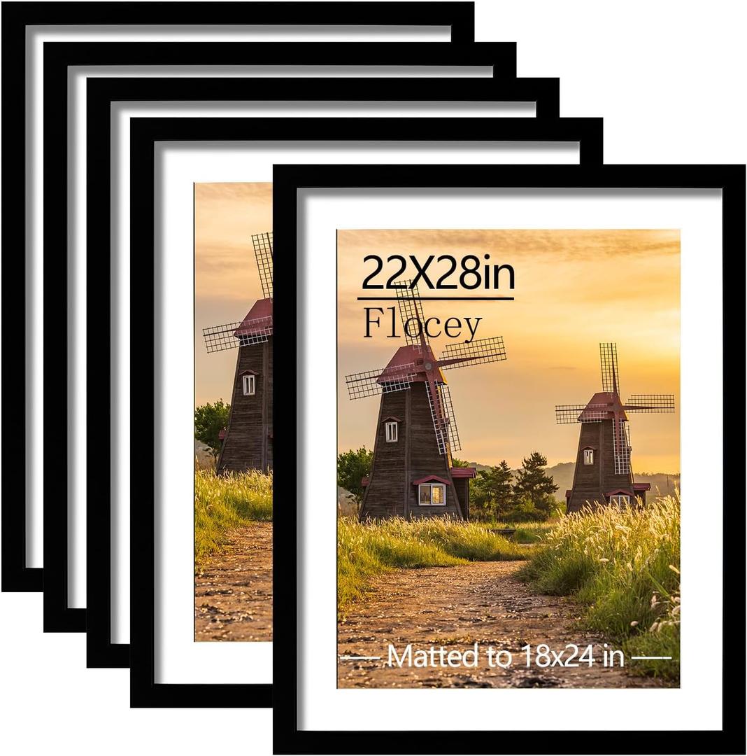 22x28 Picture Frame Set of 5, Black Poster Frame, Display Pictures 18 x 24 with Mat or 22 x 28 Without Mat for Horizontal or Vertical Wall Mounting, Wall Gallery Frame