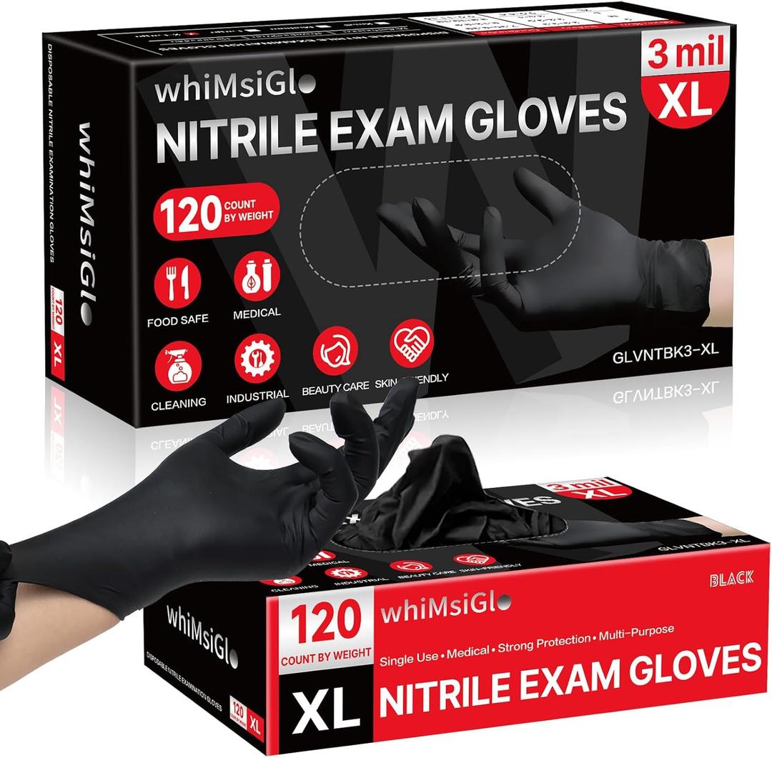 Black Nitrile Gloves Disposable, 120 PCS 3Mil, Medical Exam Latex-Free Gloves, Food Safe Cooking, Cleaning