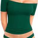 REORIA Off The Shoulder Tops for Women Sexy Short Sleeve T Shirt Tops Slim Fitted, XS