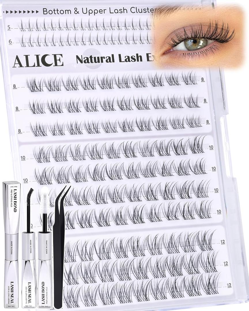 ALICE Short Lash Clusters Kit 8mm-10mm-12mm Natural Clear Band Cluster Eyelash Extension Kit Wispy Eyelash Clusters Kit with Bottom Lashes Bond and Seal DIY at Home