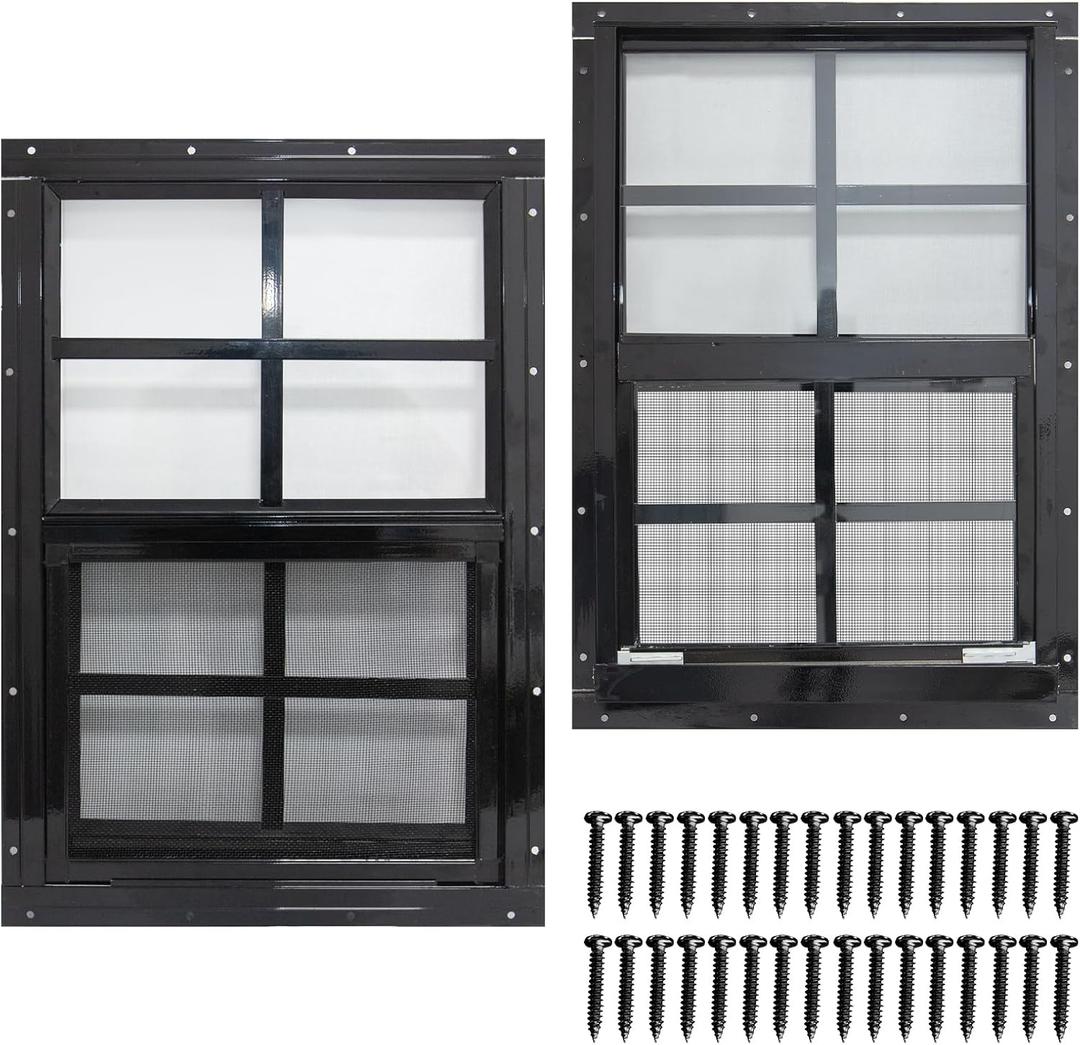 NeatiEase 2 Pack Shed Windows with Black Frame, 12 x 18 Flush Mount Small Window with Tempered Glass and Fiberglass Screen for Shed, Chicken Coop, Playhouse, Household, Garage
