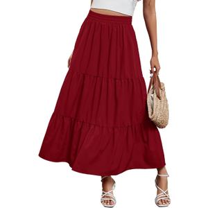 Arolina Maxi Skirt for Women Summer Boho Elastic High Waist Pleated A-Line Flowy Ruffle Swing Tiered Long Beach Skirt Dress (Wine), Size S