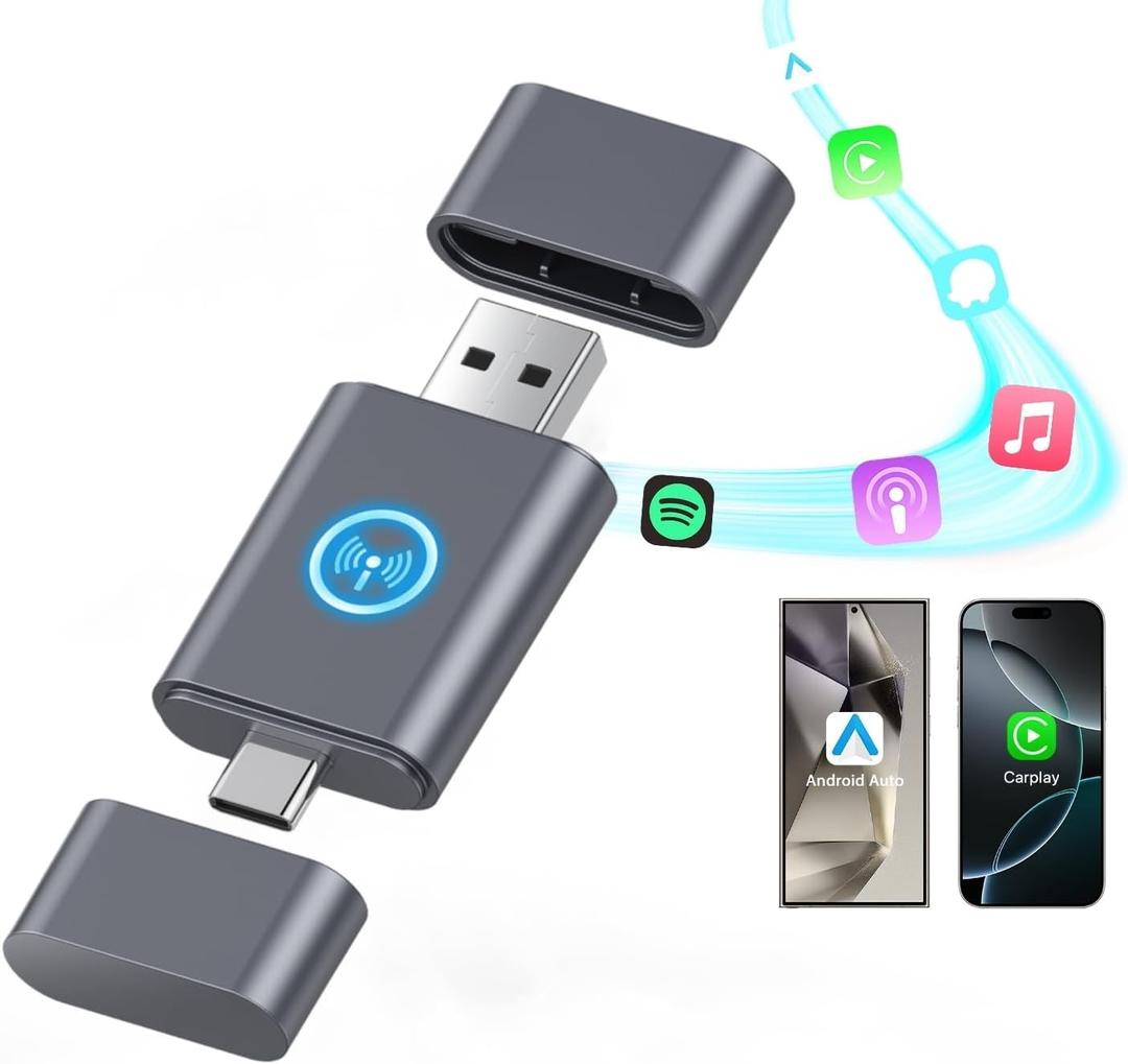 2 in 1 Mini Android Auto and Wireless CarPlay Adapter Convert Factory Wired to Wireless Dongle, Compact Size USB CarPlay Wireles Stick AAndroid Auto Adapter for iOS 12+/Android No Delay
