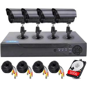 4CH DVR Wired CCTV Security System with 4pcs 1080P Metal Waterproof Surveillance Camera Infrared Night Vision Motion Detection for Indoor Outdoor 24/7 Recording (Include 500GB HDD) Remote Access (Black)