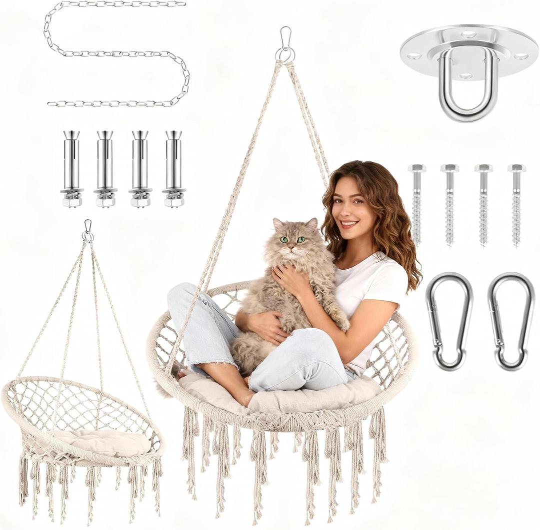 Boho Hanging Chair with Cushion, Macrame Hammock Swing Chair for Ceiling, Handwoven Rattan Egg Chair Ceiling for Indoor Outdoor Patio, Includes Hardware Kit, 500lbs (Beige)