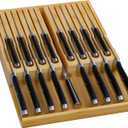 Domax Bamboo In-drawer Knife Block - Knife Drawer Organizer Insert Large Handle Steak Knife Holder, Kitchen Drawer Knife Organizer Fits for 16 knives and 1 Sharpening Steel (Not Included), Natural
