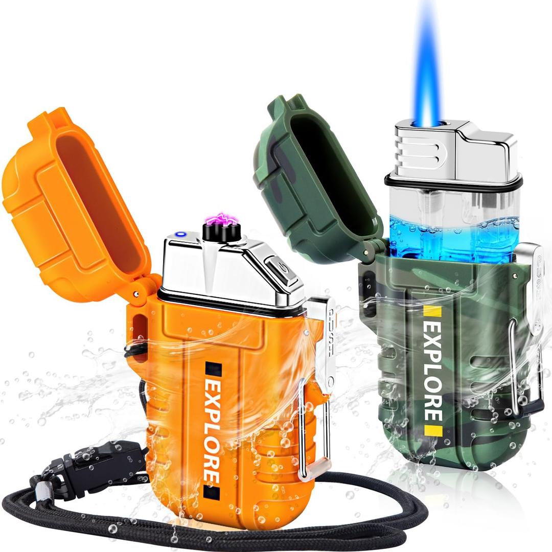 LcFun 2 Pack Waterproof Outdoor Lighter, Windproof Torch Lighters Butane Refillable, Electric Dual Arc Plasma Lighter USB Rechargeable, Tactical Survival Gear Gadgets for Men for Camping, Hiking (Orange + Camouflage)