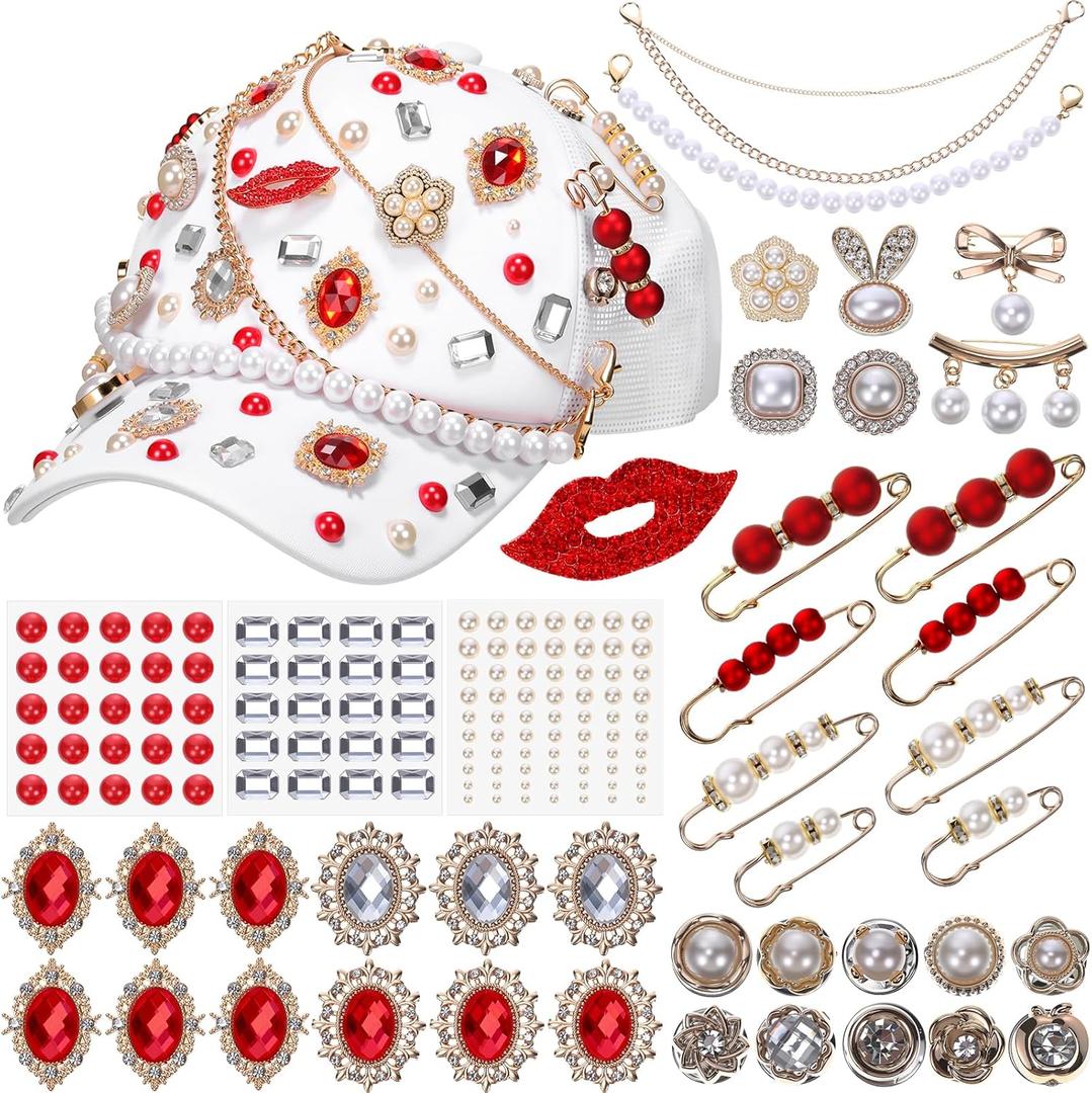 Suncalla 54 Pcs DIY Charms Set for Trucker Hats, DIY Hat Accessories Rhinestones Jewelry Brooches Charms Safety Pin for Junk Socks & Shoes (Red,Cute)
