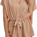 AWULIFFAN Women's Button Down Blouses Casual Peplum Summer Tops Short Sleeve Work Chiffon Shirts (Apricot, Large)