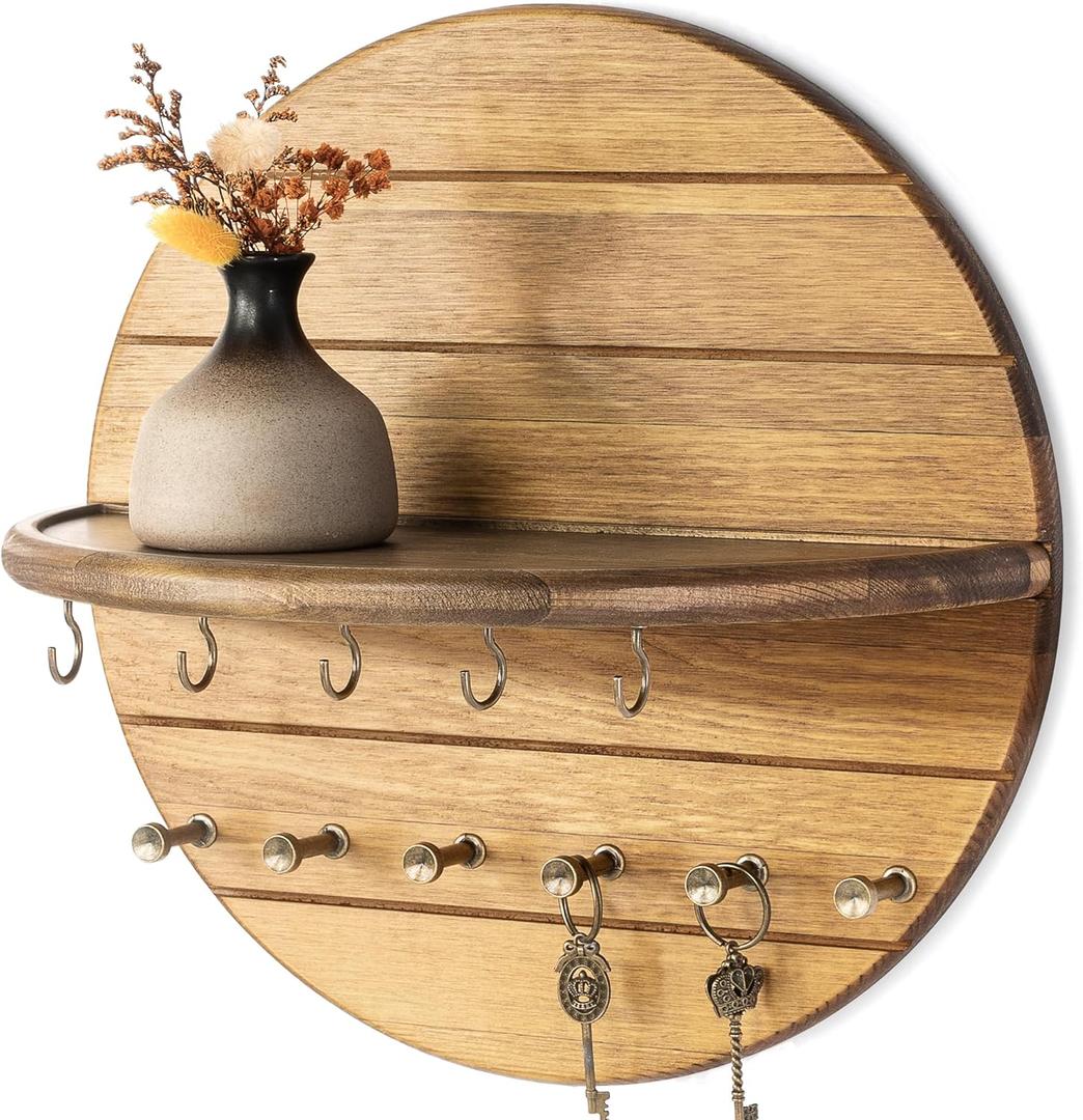 Rebee Vision Pine Wood Key Holder Wall Mount - Farmhouse Key and Mail Holder for Wall with Hooks and Decorative Wall Shelf - Perfect for Apartment Essentials in Your Home Decor (Yellow)