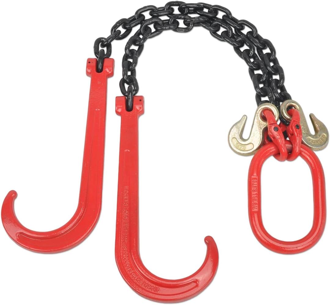 3/8" Grade 80 V-Type Transport Tow Chain w/15 J-Hooks 2Ft Long Shank Legs for Flatbed Truck Tie Trailer Tractor Car Wrecker Tow Chain,7100Lbs Work Load Limit,G80 Steel Towing Bridle,Black+Red