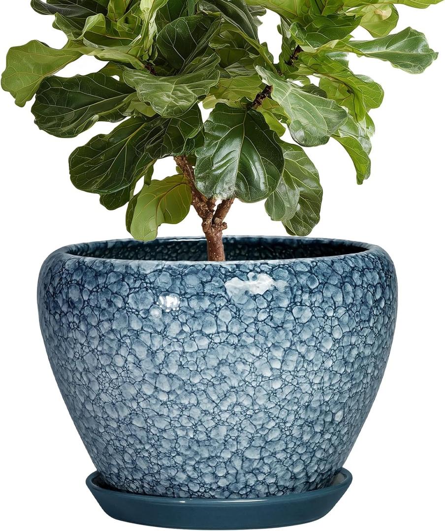 10 Inch Plant Pot - Ceramic Pots for Plants with Drainage Hole and Saucer, Ceramic Planters for Indoor Outdoor Plants, Round Flower Pots, Entryway Decor, Gifts for Plant Lovers, Stone Blue