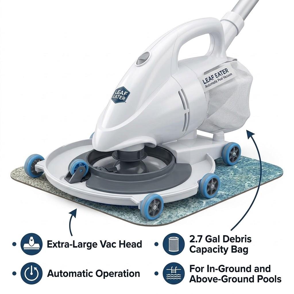Leaf Eater Automatic Swimming Pool Vacuum Cleaner – Extra-Large Vacuum Head & 2.7 Gallon Filter Capacity Bag