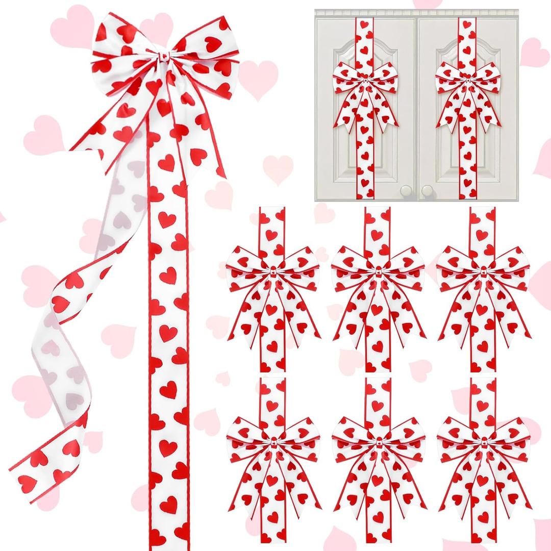 WILLBOND 8 Pcs Valentine's Day Cabinet Ribbons Bows for Kitchen 78.8 Inch Large Red and White Heart Door Ribbon Cabinet Bows for Home Gifts Holiday Wall Furniture Party Decorations