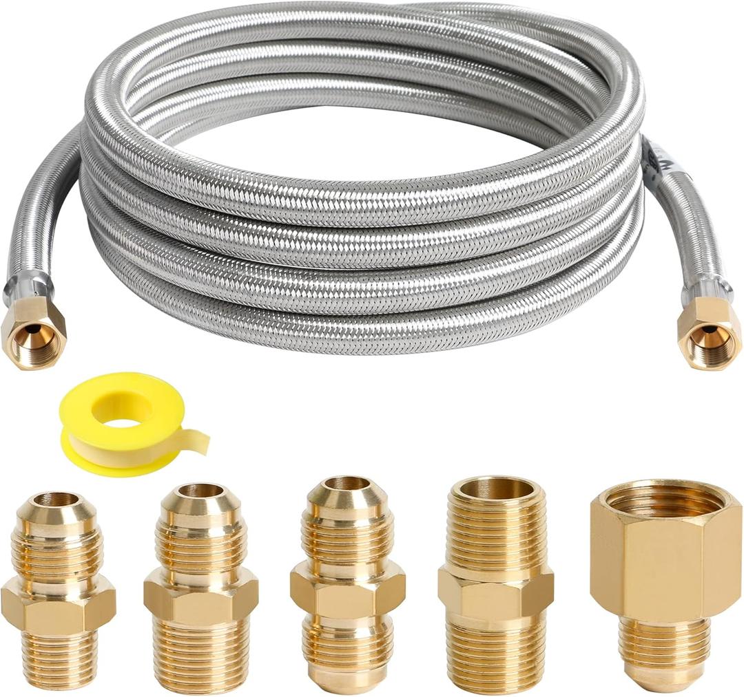 ATKKE 10FT High Pressure Propane Extension Hose with Conversion Couplings Kit, Steel Braided Propane Gas Line with Pipe Fitting 3/8" Flare for BBQ Grill, Heater, Fire Pit