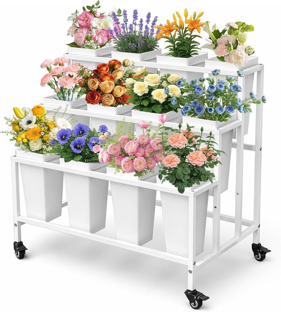 PROLEE Flower Display Stand with 12 Buckets, Flower Stand Metal with Wheels, Flower Cart 3 Layers, Flower Stand Metal with Wheels, Moving Florist Bouquet Shelf, Rectangular Rack, White