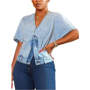SOLY HUX Women's Denim Tops V Neck Short Sleeve Split Zipper Front Jean Shirt Blouse Pure Blue Medium