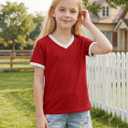 Poroka Girls Short Sleeve Shirt V-Neck Tee with Ribbed Trim Plain T-Shirts Soft Fashion Summer Tops for Girls, 7-14 Years (Red)