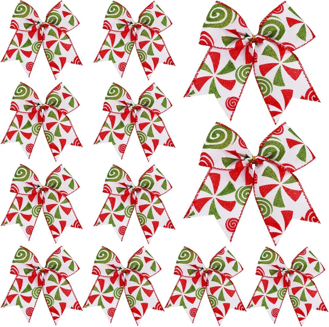DIYDEC 12pcs Christmas Bows Decoration 6.3 Inch Christmas Candy Wreaths Bows Red Green Xmas Tree Bow Ribbons Ornaments for Garland Wedding Home Holiday Indoor Outdoor Party Decor (Style 4)