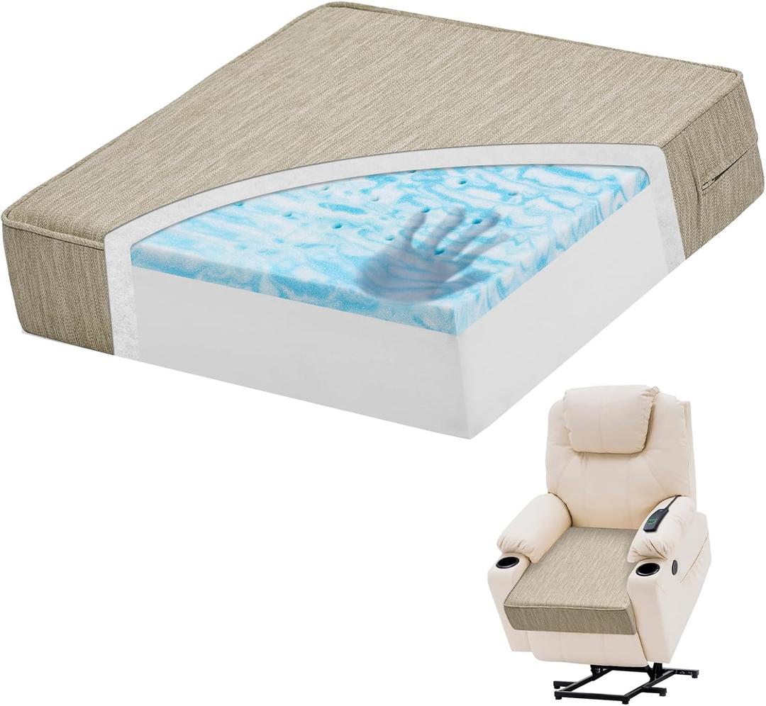 baibu 20x20x5 Inch Square Gel Memory Foam Recliner Cushions for Elderly, Dual-Layer Non-Slip Recliner Seat Cushion Suitable for Couch for Easy to Stand Up & Reduce Hip & Lumbar Pain, Beige