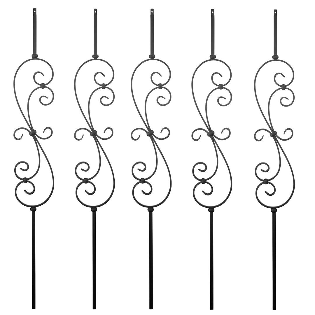 S10 - Wrought Iron Balusters Set of 5 Deck Balusters - Decorative Metal Balusters for Decks S Scroll - 1/2-inch Hollow Iron Spindles Satin Black Metal Railing