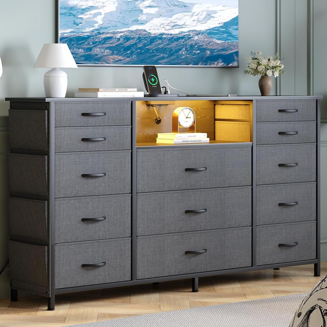HCHQHS 13 Drawers Fabric Dresser for Bedroom, 47 Inch Gray, 11.8"D x 47"W x 35.4"H