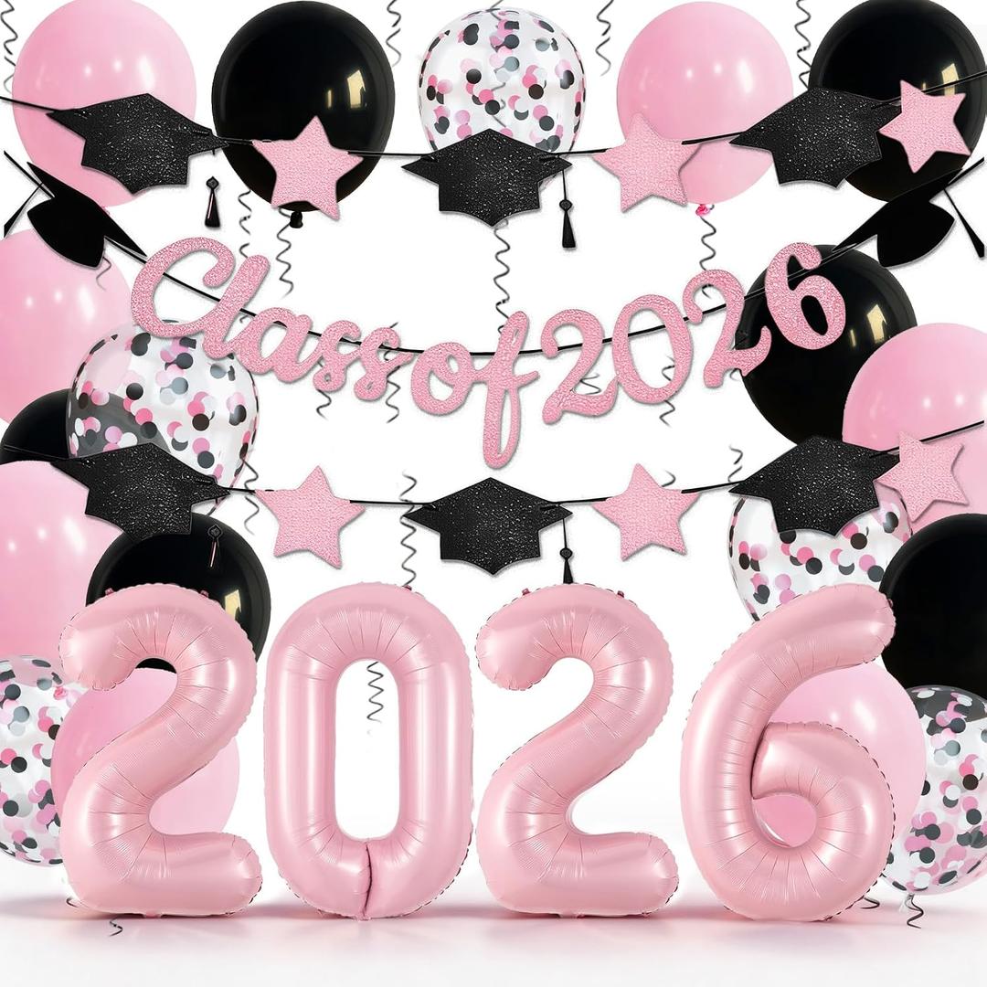 Graduation Balloons Class of 2026, 32 Inch Pink 2026 Number Foil Balloons Star Cap Garland Banner Pastel Pink Black Confetti Balloons Set for Senior High School College Congrats Grad Party Decorations