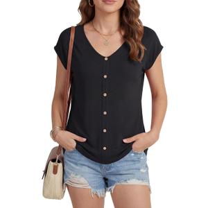 LYANER Women's V Neck Button Blouse Cap Sleeve Work Shirt Office Dressy Tee Shirt Tops (L)
