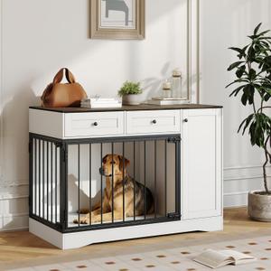 47" Farmhouse White Dog Crate Furniture with Double Doors, 2 Drawers & Storage Cabinet  Modern Indoor Dog Kennel End Table, TV Stand & Buffet Cabinet for Pet Small Medium Dogs