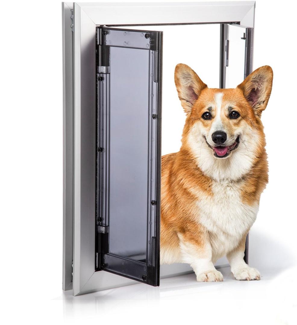 Premium Dog Door, Aluminum Pet Door with Double Panels, Doggie Door with Automatic Closing Magnetic Flaps, Slide-in Panel & 4 Security Locks, Weather Resistant & Durable Use, Medium