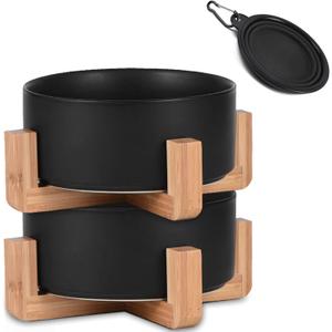 Ceramic Black Cat Dog Bowl Set with Stand,Small Dog Bowls, Pet Food and Water Dish, Anti Slip Set of 2 Cat Bowl-Pet Food Dishes- Pet Bowls Small Size Pet (13.5OZ/5.1 in)