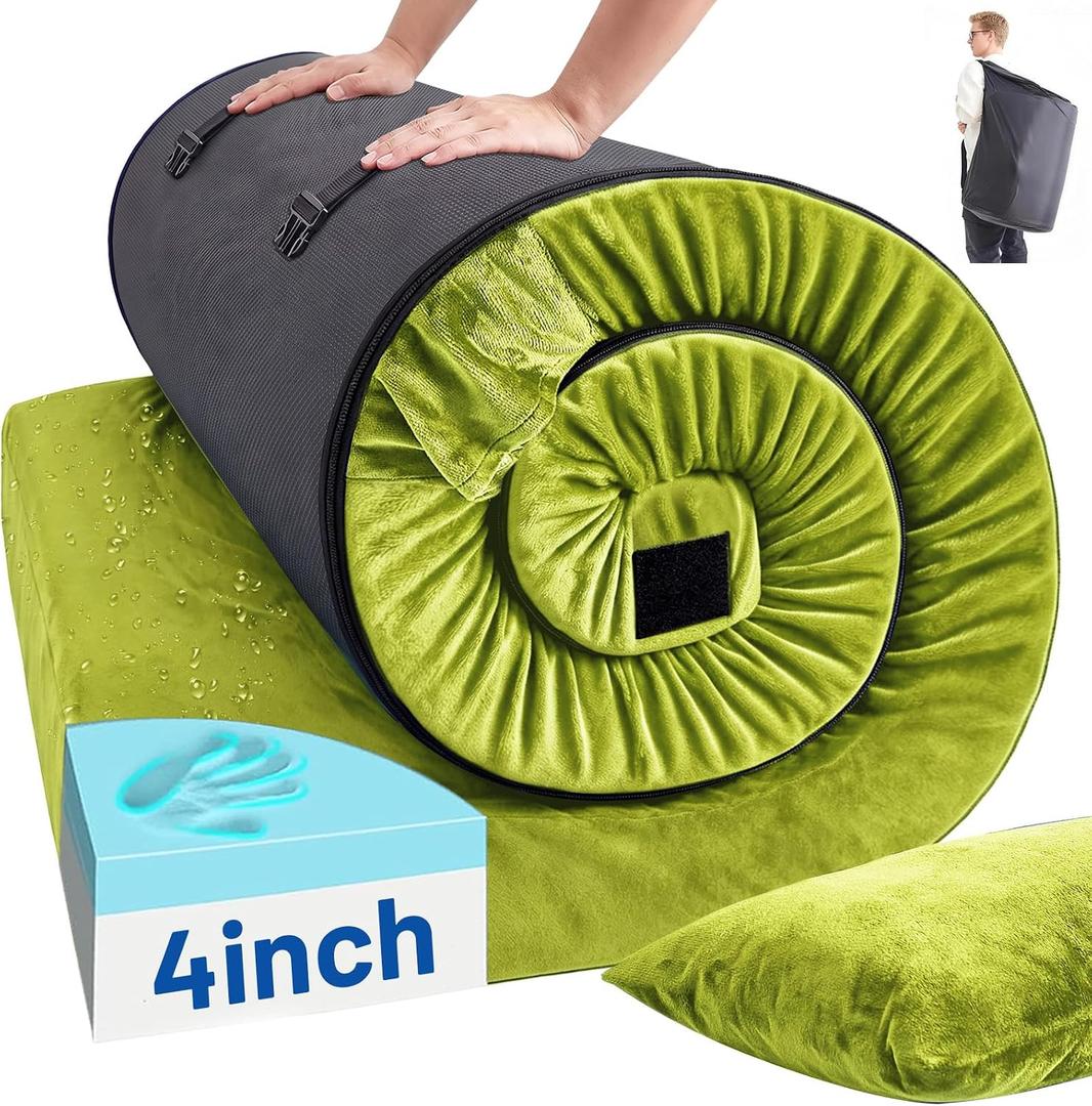 Memory Foam Camping Mattress Pad with Pillow - Extra Thick 4 Inch Sleeping Pad for Camping, Waterproof Roll Up Cot Mattress Topper Bed Mat for Car Truck Tent RV, with Storage Bag