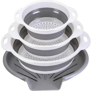 Collapsible Colander Set with Oversized Draining Tray | 3-Pack Foldable Kitchen Strainers + Base | Space Saving for Pasta, Veggies, Fruit & Rice | 5 Colors (Gray-White)