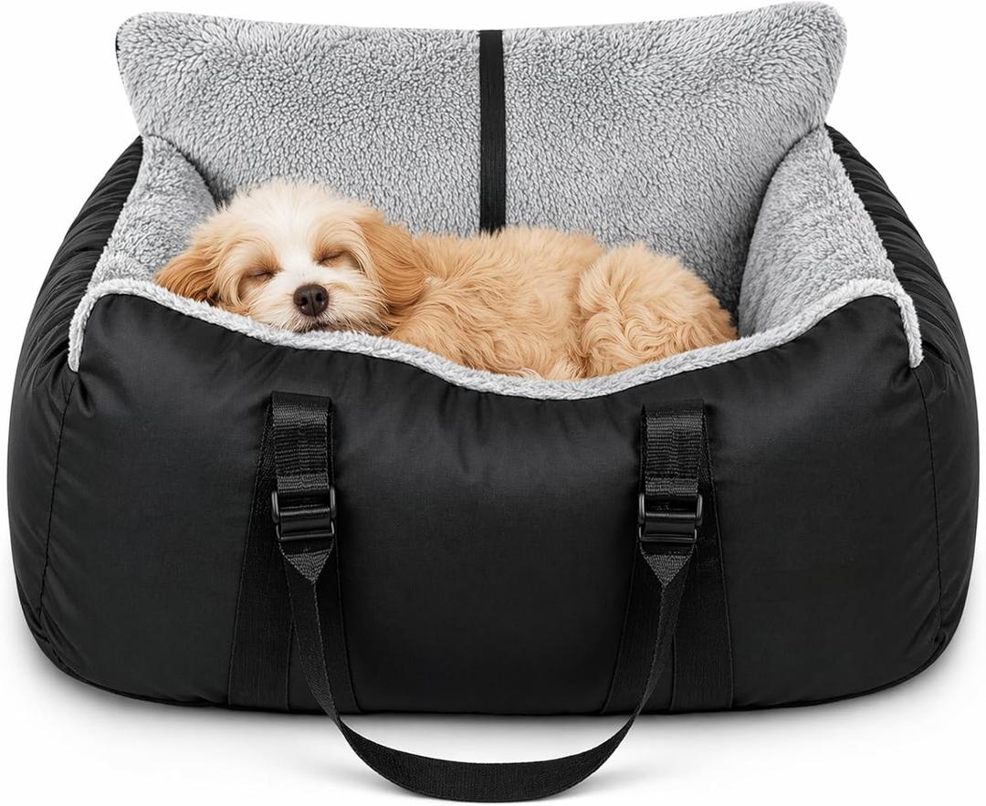 Dog Car Seat for Small Dogs Under 25 Lbs, Washable Pet Booster Seat with Safety Leash, Portable Dog Travel Bed with Carry Handles & Side Pocket for Front or Back Seat, Black/Grey
