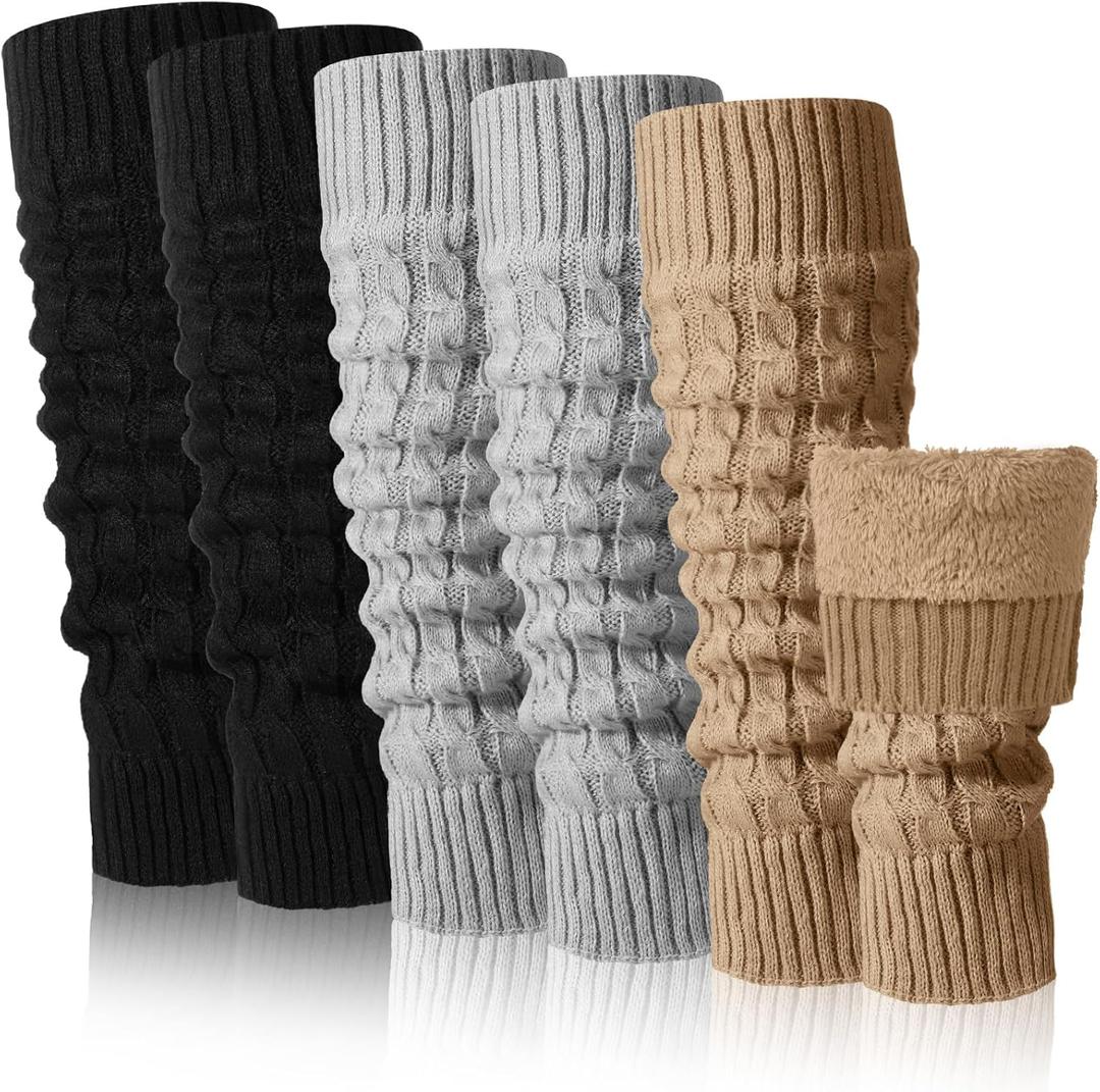Chuarry 3 Pairs Winter Fleece Lined Leg Warmer for Women Skating Leg Warmer Long Boot Socks for Women Skating Every Day Wear (Black, Gray, Yellow), One Size