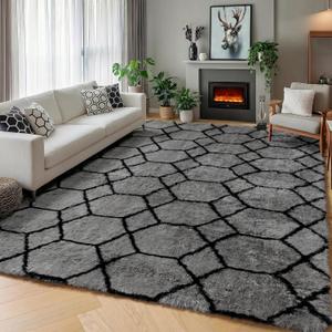 ONASAR 5x7 Area Rugs for Living Room Bedroom, Fluffy Grey and Black Throw Rug, Geometric Boho Soft Plush Shaggy Floor Carpet for Nursery Kids Girls Boys Teen Dorm Home Decor Aesthetic