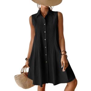 Bsubseach Cotton Beach Cover Up for Women Button Down Sleeveless Shirt Dress Swimsuit Coverup 2026 Summer Mini Dresses (Medium, Black)