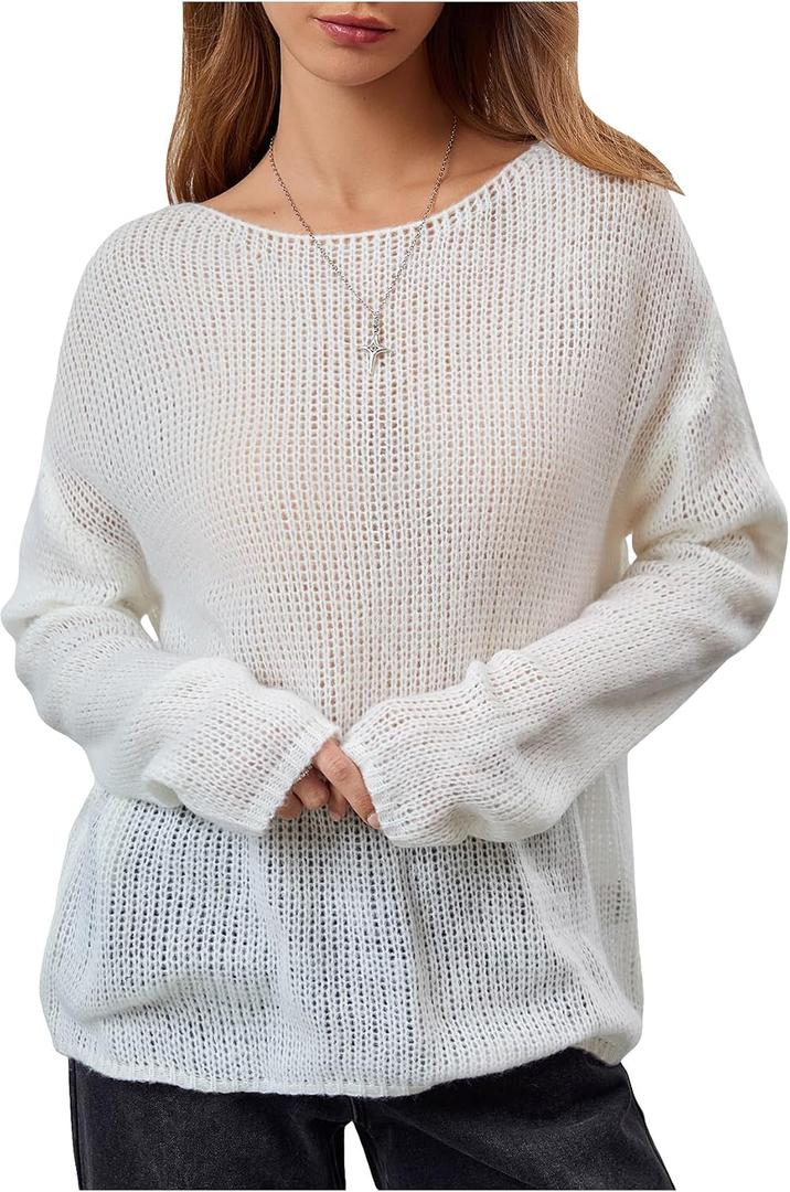 RoseSeek Women's Sheer Crochet Sweaters See Through Long Sleeve Knit Loose Pullover Tops (S)