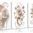 3Pcs Abstract White Gold Rose Canvas Wall Art Elegant Blossom Rose Floral Wall Decor Pictures Golden Leaves Posters Prints for Living Bedroom Bathroom Room Decoration Ready To Hang