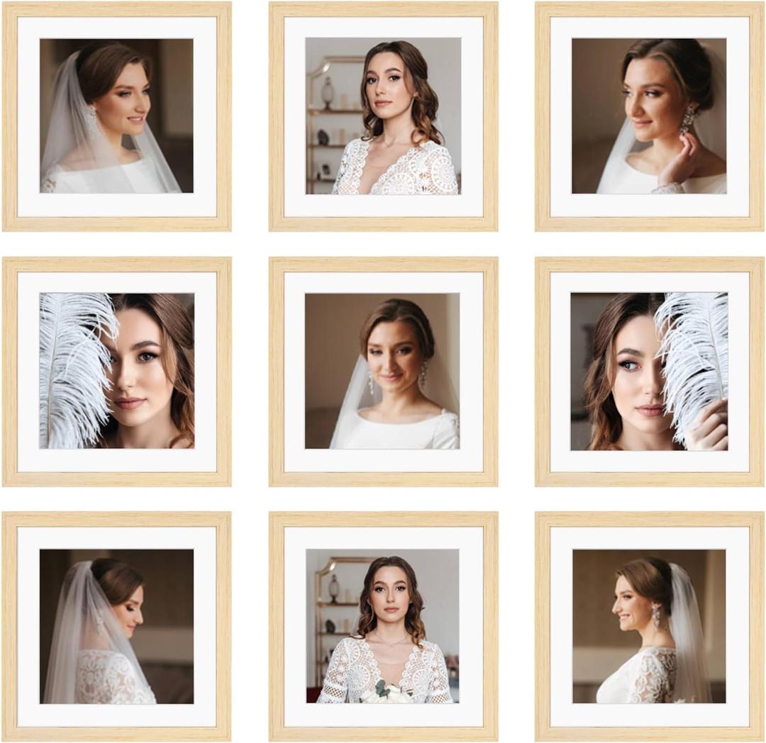 10x10 Picture Frame Set of 9, Display Pictures 8x8 with Mat or 10x10 without Mat, Multi Collage Gallery Square Photo Frames for Wall or Tabletop, Natural Wood