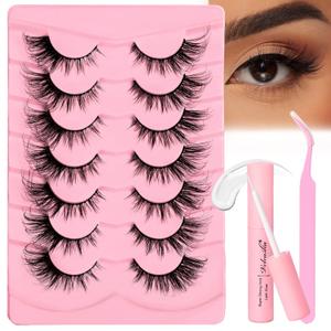 Veleasha Fox Eye Lashes Kit with Glue & Tweezer - 7 Pairs Faux Mink Lashes - Brown - Cruelty Free Fiber - False Eyelashes