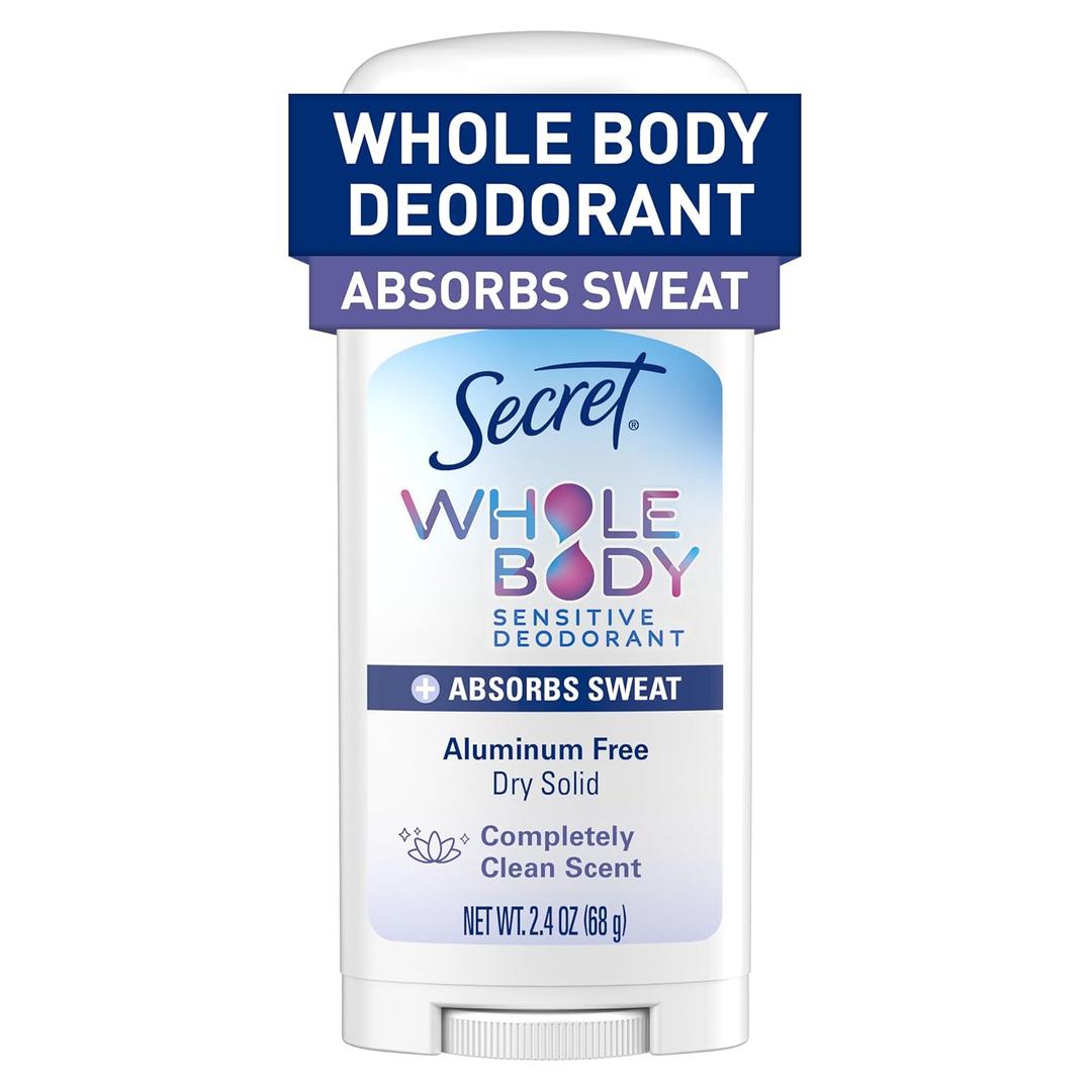 Secret Whole Body Deodorant Dry Feel Stick + Absorbs Sweat for Women, Naturally Derived Ingredients, Completely Clean Scent, Aluminum Free Deodorant Stick, 72 HR Odor Protection, 2.4 oz (2.4 Ounce (Pack of 1)