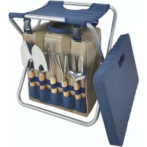 Garden Folding Gardener Stool with Gardening Tools Insulation Garden Bags Plus 5 Garden Tools and Gardening Kneeler Ideal Gift for Mother's Day/Father's Day (Navy Blue)
