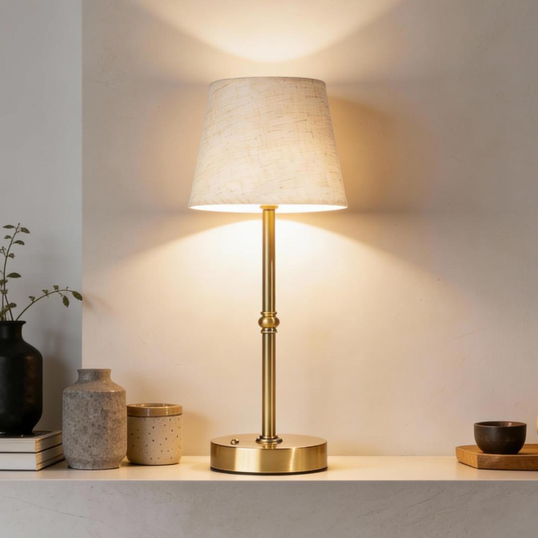 Cordless Table Lamp Rechargeable, LED Table Lamps with Touch Control, Stepless Dimmable Bedside Lamp, 6000mAh Battery Operated USB-C Lamp for Bedroom, Dining, Patio, Small Fabric Lamp Gold